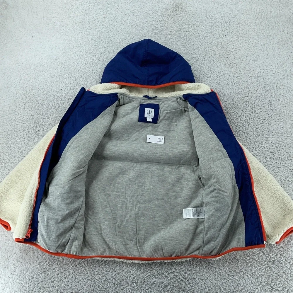 GAP Kids Jacket Youth Medium 8 Blue Cream Sherpa Fleece‎ Hooded Full Zip Pocket